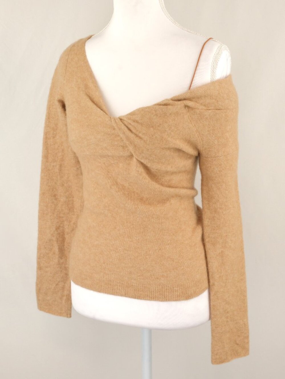 Helmut Lang Bungee Off the Shoulder Twist Front Wool Sweater, Neutral Beige, XS